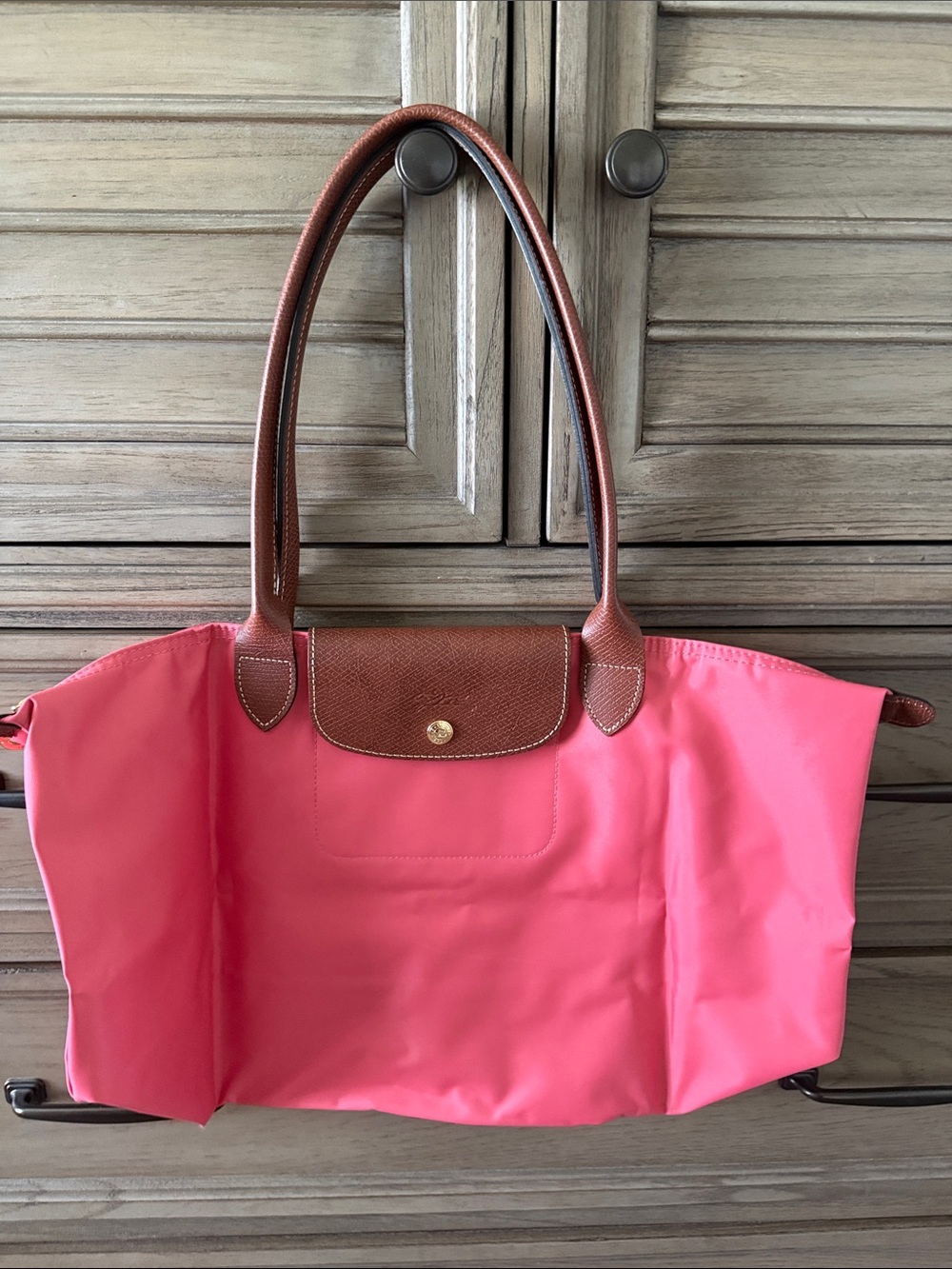 Longchamp Coral Pink Nylon Tote with Brown Leather Trim